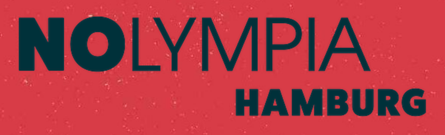 Logo des NOLYMPIA Hamburg Bündnisses. Es ist ein schwarzer Schriftzug mit dick gedrucktem NO und anschließendem LYMPIA auf rotem Hintergrund. Das Wort Hamburg ist klein und nach rechts versetzt unter NOLYMPIA zu sehen.